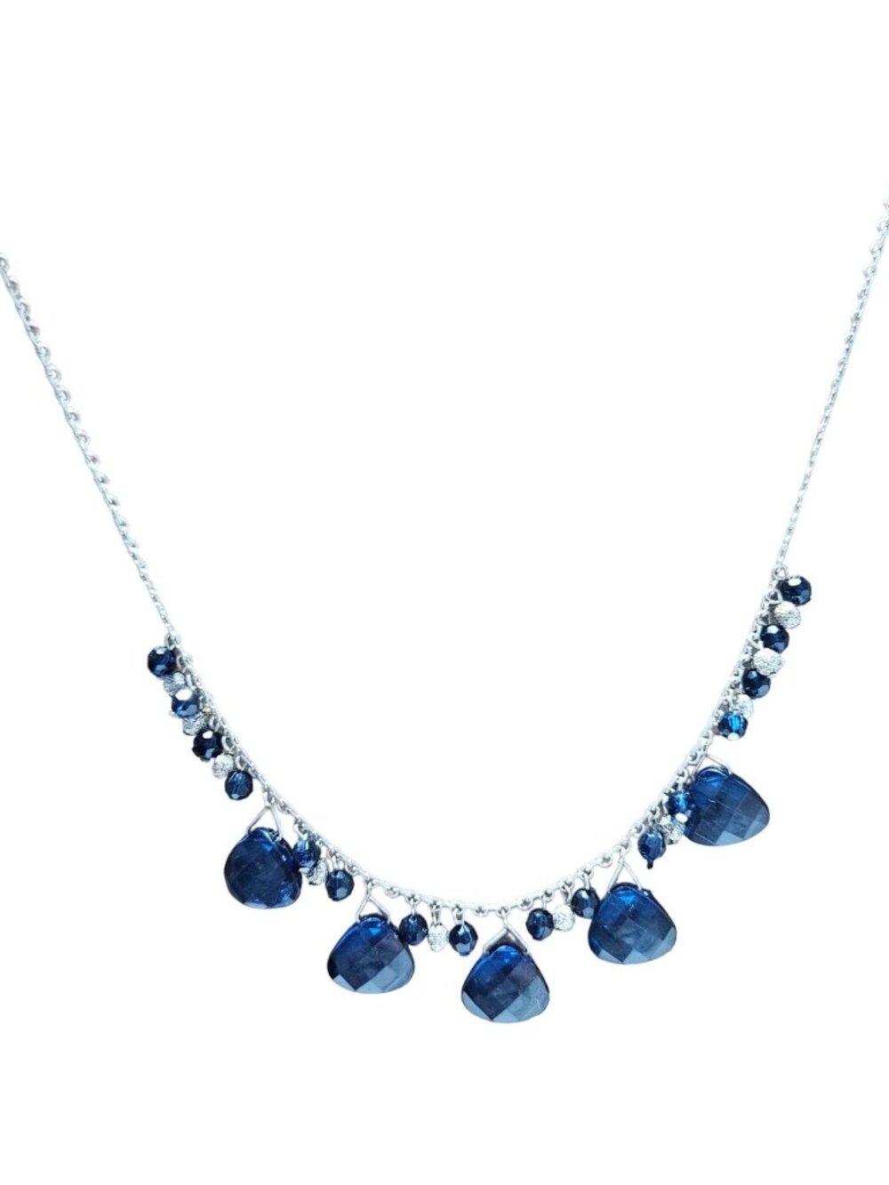 Elegant Beaded Necklace Blue Pear Shaped Charms Silver Tone Statement Jewelry